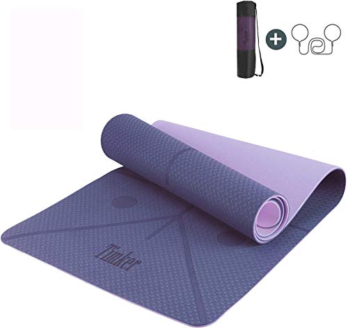 Timker Esterilla Yoga Colchoneta de Yoga Antideslizante Material ecológico TPE líneas corporales Yoga Mat diseñado con Correa de Hombro- 183cm x 61cm (Violeta)