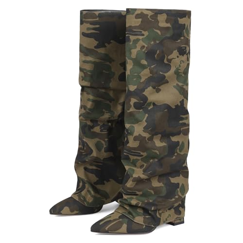 Image of SaraIris Women's Slouchy Knee High Boots - Black, Pointed Toe, Fold Over, Chunky, Shark Boots