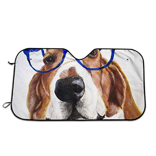 Label Love Funny Basset Hound Stupid Dog Glasses Windshield Sun Shade Sunshades Keep Vehicle Cool Protect Your Car from Sun Heat & Glare Best Uv Ray Visor Protector Size: 27.5 X 51