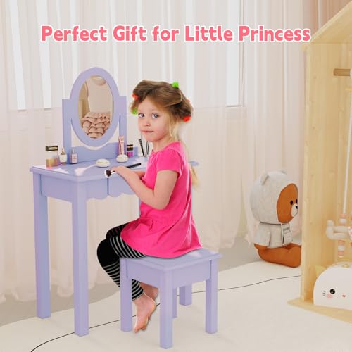 Image of HLR Kids Vanity, Girls Vanity Set with Mirror and Stool, Wooden 2 in 1 Princess Makeup Desk Dressing Table with Detachable Top, Toddler Vanity Dresser Set with Drawer for Little Girls, Purple
