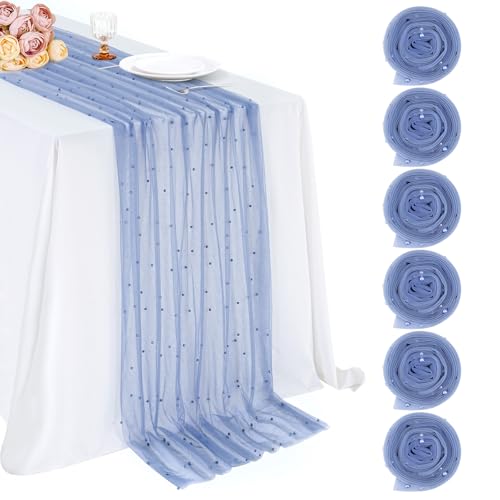6 Pack Pearl Tulle Table Runner 29x120 Inch Boho Gauze Table Runner Rustic Cheese Cloth Long Table Runner Romantic Runners for Wedding Bridal Shower Birthday Party Table Decor (Dusty Blue)