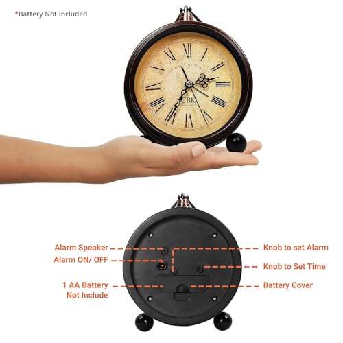 Image of CBK Vintage Style Analog Alarm Clock with Roman Numerals | Classic Table Clock | Antique Look Desk & Bedside Clock for Home, Office, and Bedroom