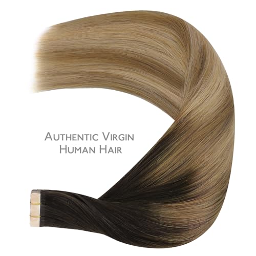 Image of WENNALIFE Tape in Hair Extensions Human Hair Dark Brown to Chestnut Brown and Dirty Blonde Highlighted Tape in Extensions, 10pcs 25g 14 inch Remy Invisible Tape Ins Straight Colored Soft Refill Set