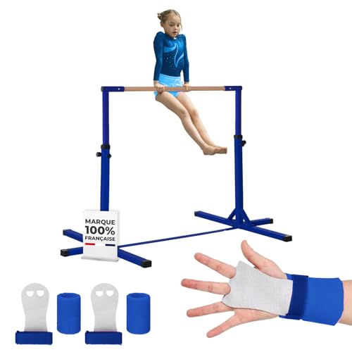 Gym Bar Barre Fixe de Gymnastique pour Enfant Bleue | 13 Niveaux Ajustables de 90 à 150 cm | En Acier et Bois Massif en Hêtre | Kit de Protection Offert | Usage Intérieur Extérieur | Aerobik
