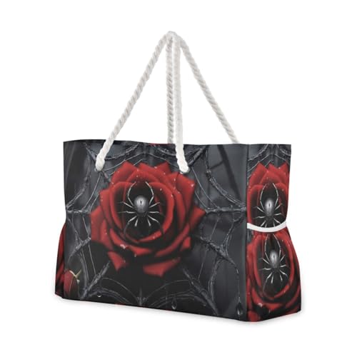 Large Tote Bag for Travel Beach Pool Gym-Red Rose Web Gothic Print with Waterproof Pocket Shoulder Bag 20.5 X 7.3 X 15 inch