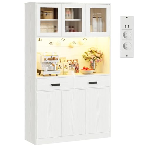 IRONCK Hocher Küchenschrank mit LED Beleuchtung & Steckdose USB Ladeports, Buffetschrank mit Arbeitsplatte 2 Schubladen Magnettüren Sideboard für Kaffeebar Küche Wohnzimmer Esszimmer 180x110x38cm Weiß