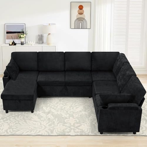Image of 110 inch Chenille Sectional Sofa w /Pull Out Bed & Storage Chaise, Black | Reversible U Shape Sofa w /Storage Armrests & Cup Holders, Corner Couch w /USB Charging Port & Throw Pillows for Living Room