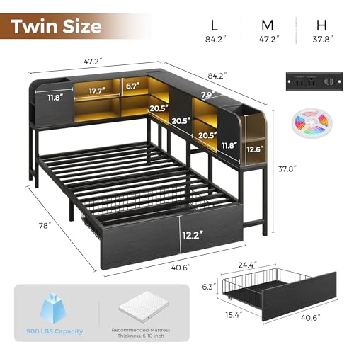 Image of Twin Corner Bed Frame with 2-Tier Bookcase Storage and LED Lights, Adjustable Shelves Corner Bed with Storage Drawers and Charging Station, Twin Daybed for Living Room, Guest Room & Bedroom, Black