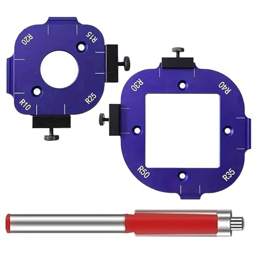 2 Stück Router Jig Radius Schablone | Frässchablone Eckradius 8 Größen (R10-R50) | Präzise Alu-Routervorlage für Holzarbeit | Inkl. CNC-gefräster Führungen & Einstellanschlag (blau)