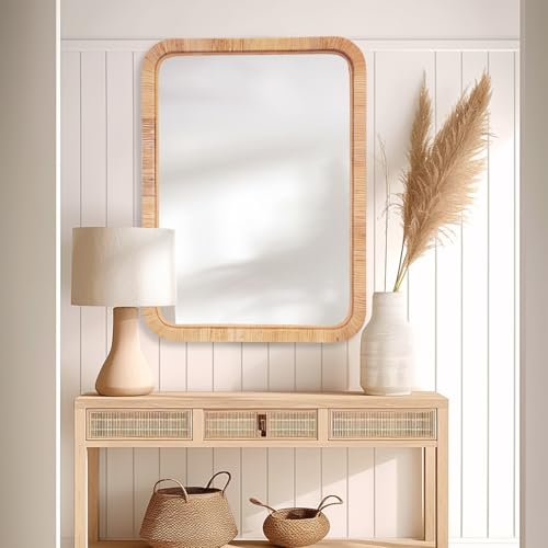 Rattan Mirror,Rectangle Boho Bathroom Mirror for Wall,22x30 Wicker Vanity Mirror for Nursery Décor,Coastal Farmhouse Wood Mirror for Bedroom Entryway Living Room