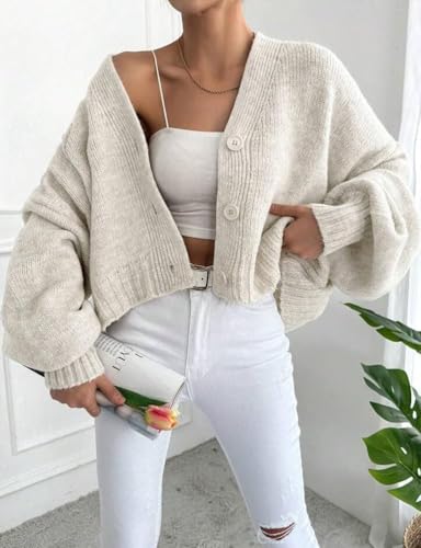 yoeasy Womens Cropped Cardigans Sweater Trendy Fall Lantern Sleeve Button Down Loose Open Front Knit Sweater Top2