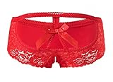 PERAMBRY Women's Lace Stretch Sexy Thong Bikini Panties Bow Tie Breathable Fashionable (Red-0200, Large)