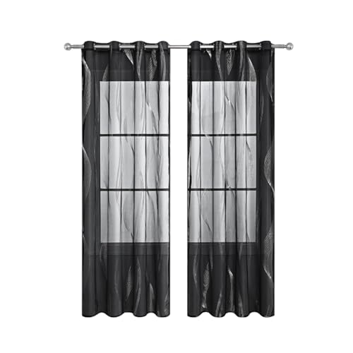 1 panneau de voilage blanc transparent pour salon/chambre à coucher, voilage noir avec impression vague argentée, convient pour tringles d'un diamètre...