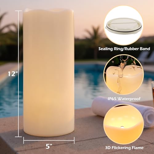 Image of GenSwin Outdoor Candles with Timer Waterproof, Large Pillar Battery Operated Candles with Remote Timer, 12 inch x 5 inch LED Flameless Candle for Indoor Outdoor Lanterns Patio, IP65 Waterproof (Set of 2)