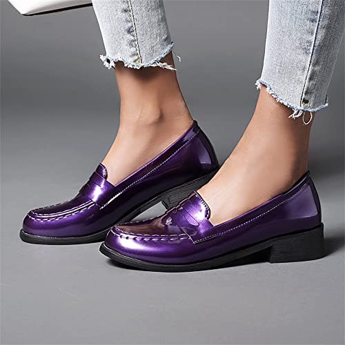 Elbslutt Women's Patent Leather Loafers Low Chunky Heel Slip On Pumps Round Toe Casual Shoes2