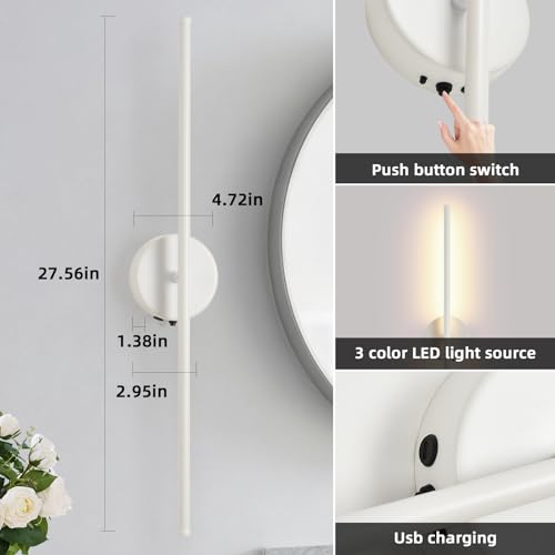 Image of Wall Sconces Battery Operated Set of Two, White LED Wireless Wall Sconce with Remote Control 350 Rotate, 27.6 Inch Dimmable USB Rechargeable Wall Lights for Living Room Bedroom Hallway