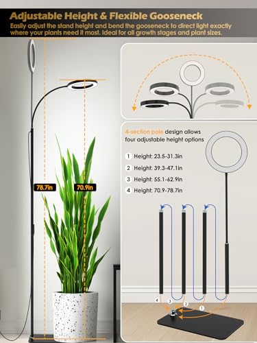 Image of 24W Grow Lights for Indoor Plants, Full Spectrum LED Plant Light With Stand | Dimmable, 3 Lighting Modes, 23 inch-79 inch Adjustable Height, Plant Growing Lamp with 3 /9 /12 /16H Timer, Black Single Head Floor Lamp