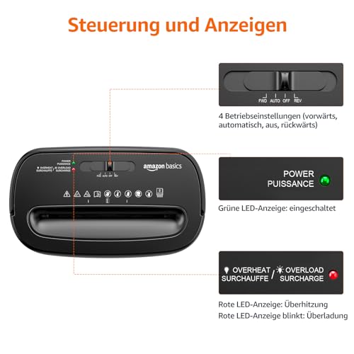Amazon Basics Querschnitt Aktenvernichter für bis zu 8 Blättern, Papier und Kreditkarten, Aktenvernichter, bis zu 8 Blätter (neues Modell, schwarz)