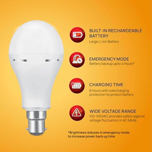 Image of wipro Garnet 14W LED Emergency Bulb | Cool Day White (6500K) | B22 LED Bulb Base | Inverter Bulb for home, with 4 Hours battery back up| Li-ion Battery | Over charging Protection | Pack of 1