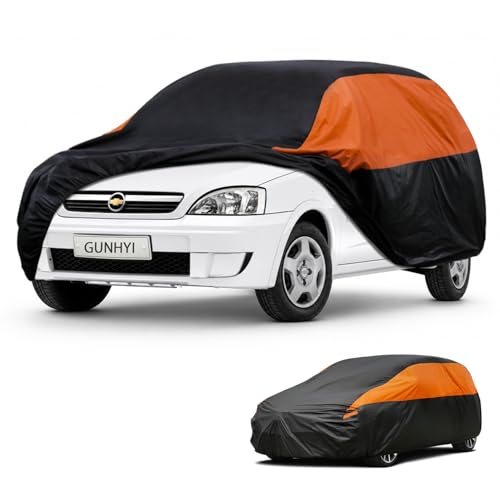 Image of GUNHYI Waterproof Full Car Cover Custom Fit Chevrolet Chevy Corsa | All‑weather Outdoor sun /rain /dust /snow /wind /UV protection, breathable lightweight fabric, black‑orange design,storage bag