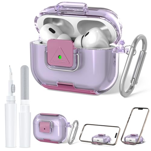 Secure Lock Case for AirPods Pro 2 with Phone Stand QINZAC Soft Clear TPU Shockproof Protective Cover for Airpods Pro 2nd/1st Generation Accessories with Cleaning Pen & Keychain (Clear Purple)