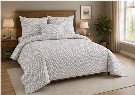 Image of 210 TC Glace Cotton Soft Cotton Zig Zag Design Flat Queen Size 90x90 inches Bedsheet Set - Lightweight & Durable 1 Bed Sheet with 2 Pillowcase 17x27 inches Grey
