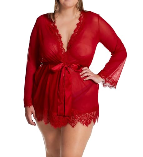 Oh La La Cheri - Provence Eyelash Lace Robe With Satin Sash + G-String - Large/X-Large - Red