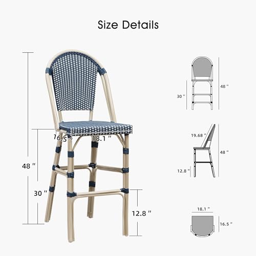Image of PURPLE LEAF French Bar Stool Set of 4 White Print Finish Patio Bar Stools with Back Rattan Bar Chairs Wicker Bar Height Stool 30 inch with Footrest Kitchen Island Stools Outdoor Barstool Royal Blue
