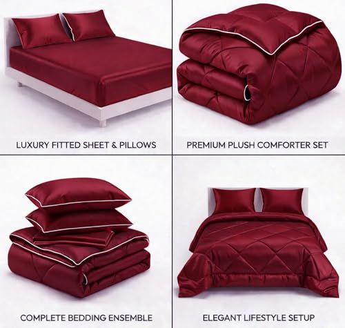 Image of SANMARINO Satin Silk Comforter Set for Double Bed - 300 TC Premium Satin Bedsheet with Pillow Covers, Luxury Complete Bedding Set, Soft Silky Finish, Bedroom Home Furnishing Gift Set - Wine Red Satin