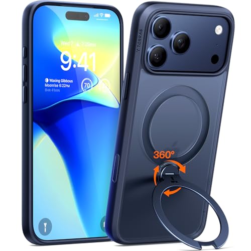 TORRAS iPhone 17 Pro 用 ケース【多機能一体・360°新定点回転スタンド】 Magsafe対応 カメラコントロールボタン 高耐久性 耐衝撃 ゼンマイ式スタンド リング 縦横両対応 マグネット搭載 急速充電対応 指紋防止「Ostand Q3 Spin」ミッドナイト・ブルー
