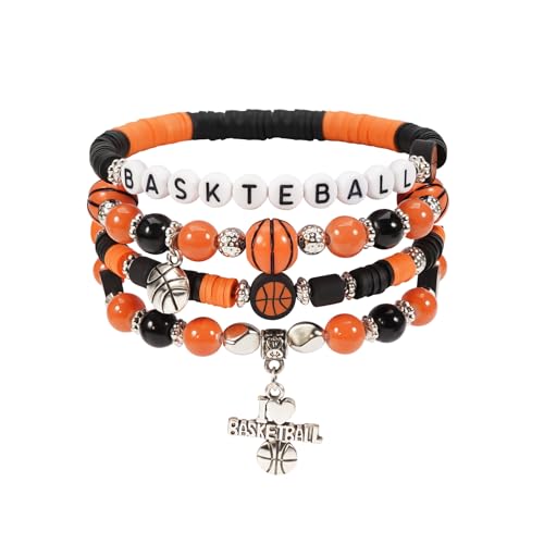 Briutn Basketball Beaded Bracelet Set for Women Orange and Black Stack Bracelets with Charms