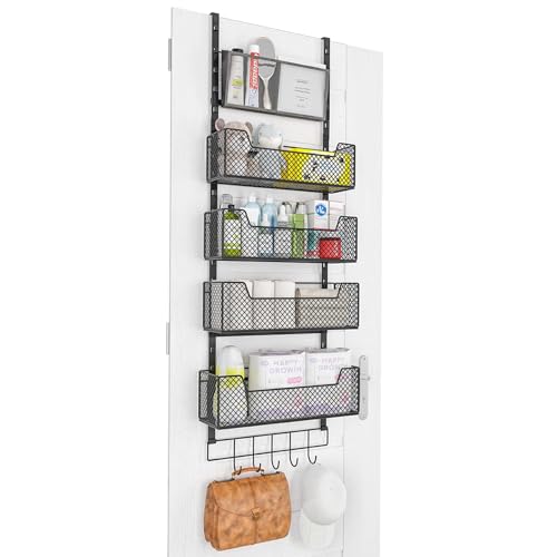 Adjustable Over The Door Organizer, Closet Door Organizer Heavy Duty Hanging Door Storage with 4 Metal Baskets and PVC Pocket, Behind Organizer for Bathroom Closet Bedroom Cabinet, Black
