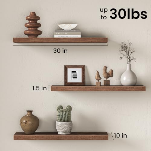 Image of Fun Memories 30 Inch Floating Shelves for Wall, Brown Wood Wall Mounted Shelf with Invisible Bracket, 10 Inch Deep Large Shelves for Living Room Bathroom Bedroom, Set of 3