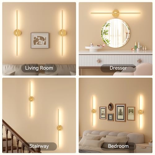 Image of Ouyulong Battery Operated Wall Sconces Set of 2, 8000mAh Wireless Rechargeable 3000-6000K Dimmable 350 Rotate Wall Light with Remote for Living Room, Bedroom 31.6in Gold