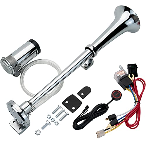 AOLIHAN Air Horn for Truck,12v 150db Loud Train Horn for Car with Air Compressor, Trumpet Train Horn Kit with Button,Car Horn Truck Horn Chrome Zinc(silver single tube horn with wire and button, 12v)