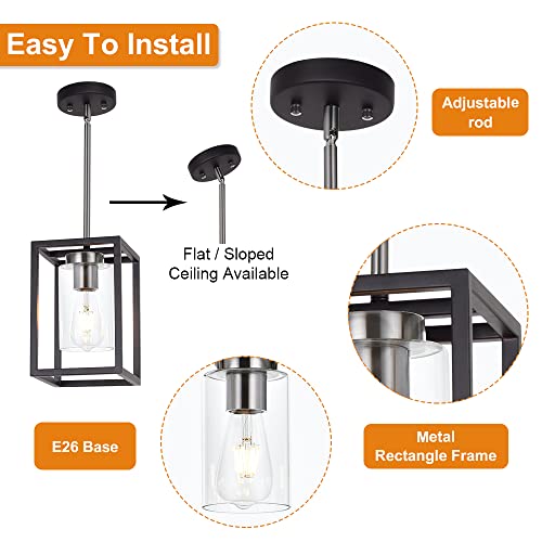 Image of Single 1 Light Black and Brushed Nickel Modern Glass Pendant Light Industrial Modern Metal Chandelier with Clear Glass Shade for Dining Room Kitchen Island Foyer Cafe