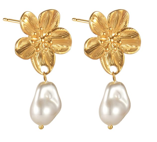Bohemian Gold Flower Earrings for Women Mom Boho Baroque Pearl Pendant Trendy Elegant Dangle Drop Stud Stainless Steel Jewelry for Women