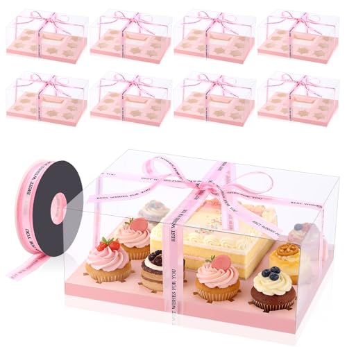 Reallnaive 8 Pack 1+8 Bento Cake Boxes with Cupcakes Combo Bento Boxes with Clear Lid Fit Ribbon 8 Cupcakes and 1 Mini Cake for Wedding Birthday Party Treats Muffins Bakery Supplies(Pink)
