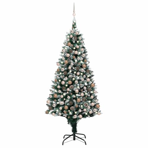 Árbol de Navidad Artificial Blanco con Nieve y Luces LED, Decoración Navideña Realista y Económica con Base de Metal Estable, Ramas Puntiagudas y Piñas