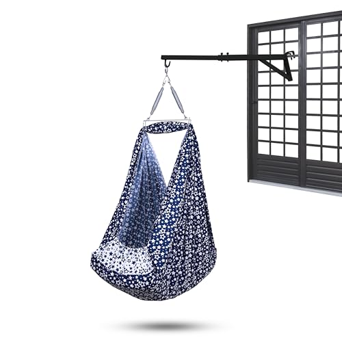 Image of Baby Cradle̞, Foldable Window Hanger with Sliding Lock, Hanger Spring, Mosquito Net & Pad with Insert Pocket, Jhoola, Thottil, Joli, Jokali, Onjal (Navy (Portable))