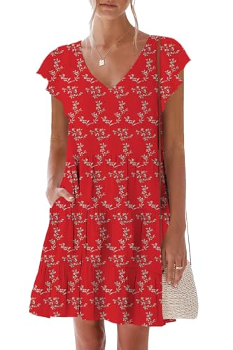 Image of nclook Womens Summer Casual Dresses Sweet Cute V Neck Mini Dress with Pockets Ruffle Short Sleeve