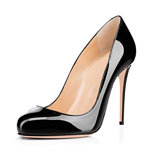 Fericzot Women's Party Stiletto Heels Sexy Round Toe Pumps Slip On High Heel Pumps Classics Pumps Basic Shoes Plus Size Black-Patent 9.5