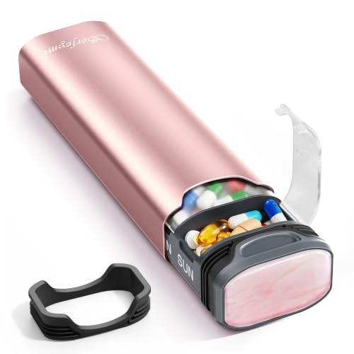Image of Metal Weekly Pill Organizer, Serfeymi Aluminum Daily Pill Box(Spare Gasket Provided),7 Day Pill Case Travel Medicine Organizer,Pill Containers with Individual Lid for Vitamins,Pills, Supplement-Pink