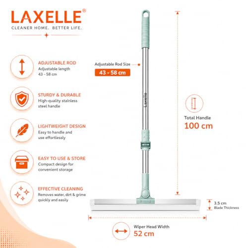 Image of Floor Wiper with Silicone Blade, Magic Broom Water Squeegee, 180 Swivel Head with Adjustable Long Handle for Bathroom, Tiles, Marble, Glass, Balcony & Floor Cleaning, Sage Green