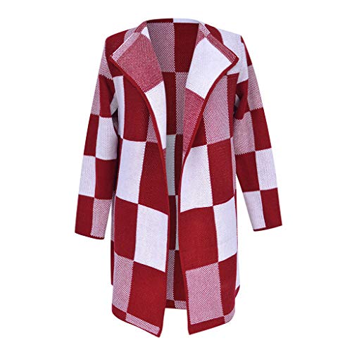 SMILEQ Abrigo de Cuadros Escoceses de Invierno para Mujer Abrigo cálido Chaleco de Manga Larga Chaqueta Abrigo Outwear Tops (M, Rojo)