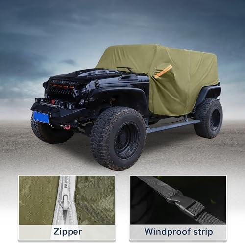 Image of Car Cover Waterproof All Weather with Driver Door Zipper for Jeep Wrangler JK JL Hardtop 2 Door 2007-2021 / Full Exterior Cover /Durable 210D Oxford Cloth / 1Pcs Green