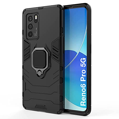 Image of WOW IMAGINE Shock Proof Back Case Mobile Cover for Oppo Reno 6 Pro 5G (Tough Armor | Hybrid PC + TPU | Full Protection with Ring Holder & in-Built Kickstand | Black)