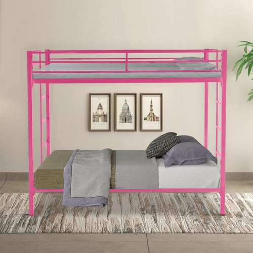 Image of Pilio Twin Over Twin Metal Bunk Beds for Kids | Bunker Bed for Adults | Double Decker Bed for Kids Room Furniture | Frame Only, Mattress not Included (Pink)