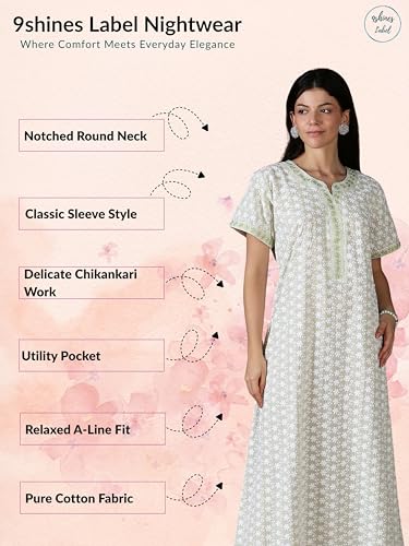 Image of 9shines Label Stylish Chikankari Cotton Nighty Maxi for Women | Full Length Nightgown | Nightdress with Pocket | Embroidery Nighty | Soft Comfortable Cotton Nightwear (1545)