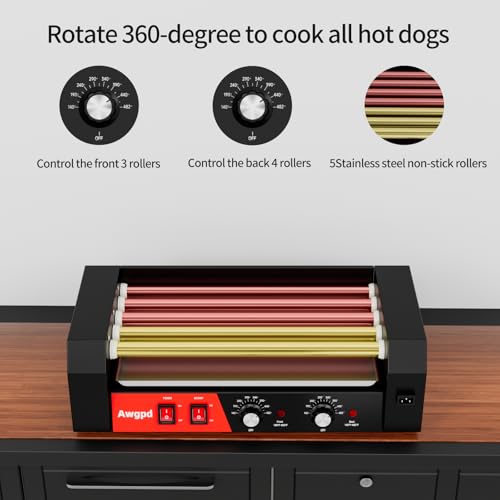 Hot Dog Roller 5 Rollers 12 Hot Dogs Capacity, 750W Stainless Commercial Sausage Grill Cooker Machine with Dual Temp Control,Removable Drip Tray for Party Home Commercial (5 Roller)